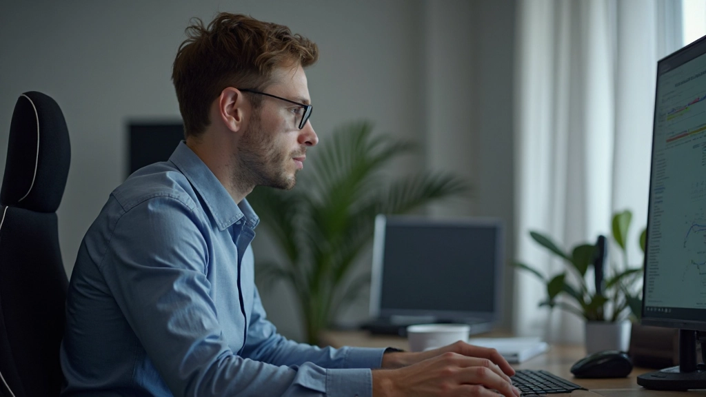 Man zit in moderne kantooromgeving en kijkt aandachtig naar presentatiescherm met geconcentreerde blik