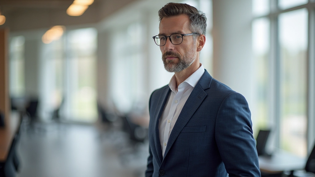 Man in professionele kledij staat in heldere werkruimte en kijkt naar details