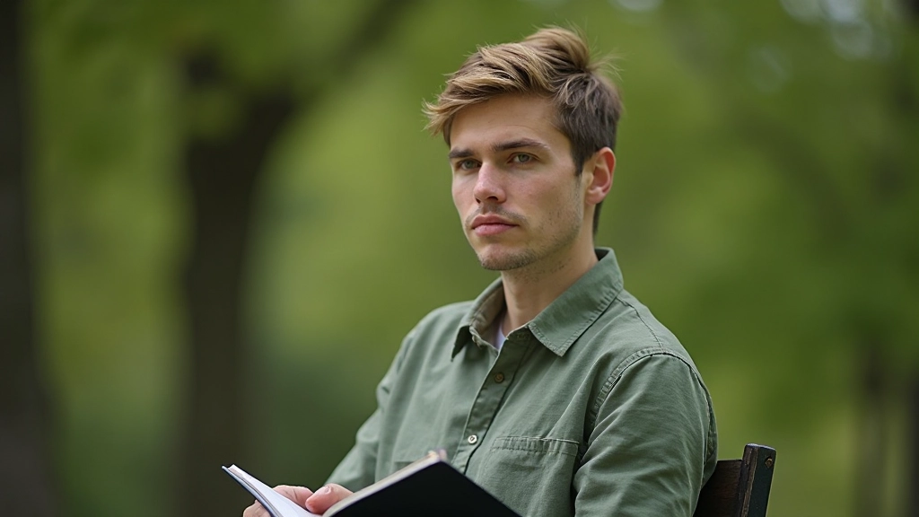 Persoon zit in park en let zorgvuldig op details in de omgeving met volledige concentratie