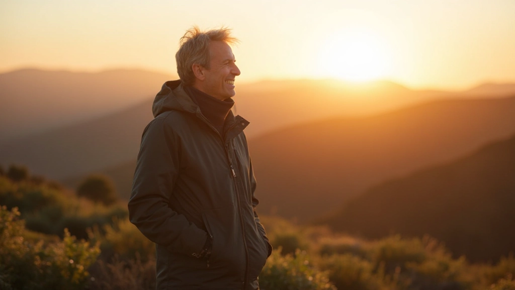 Persoon staat op bergtop bij zonsopgang en kijkt uitgebreid naar panoramisch landschap met vol bewustzijn