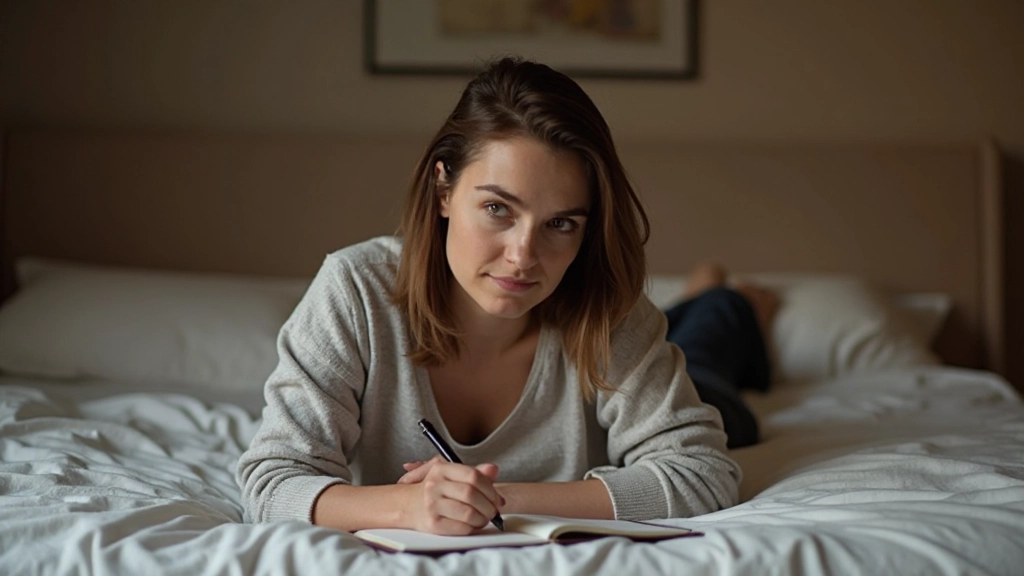 Persoon ligt ontspannen op bed met notitieboek en schrijft gedachten op na observatiesessie