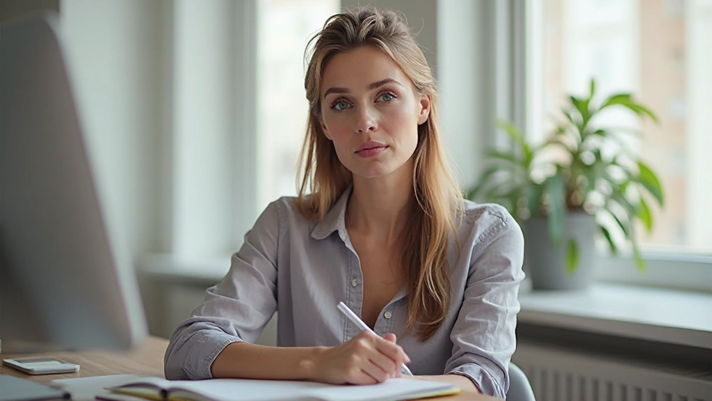 Vrouw van 32 jaar, volledig gekleed in casual blouse, zittend aan bureau met notitieblok, gefocuste blik, heldere kamer met natuurlijk licht, onscherpe achtergrond, GEEN tekst, GEEN watermerken